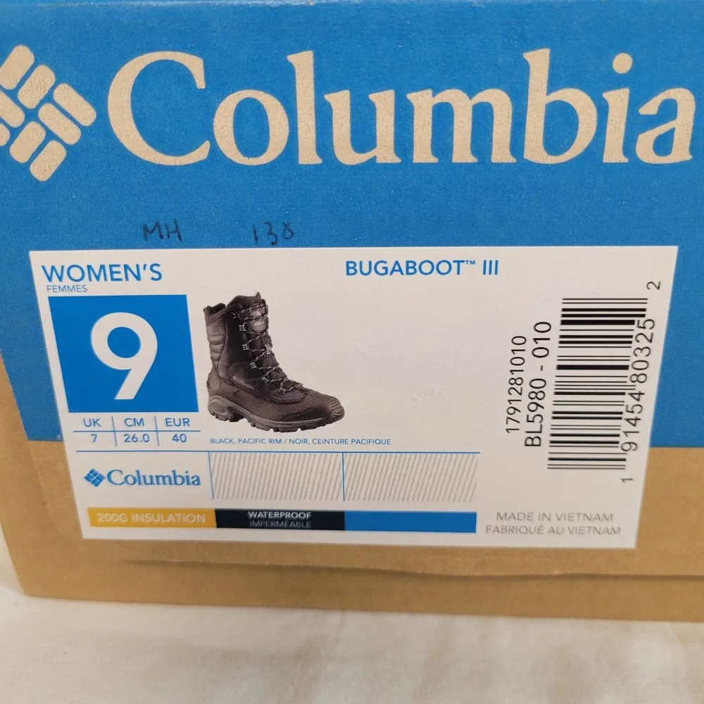 Columbia Bugaboot III Women 8.5 Black Pacific Rim Waterproof Winter Boots BL5980